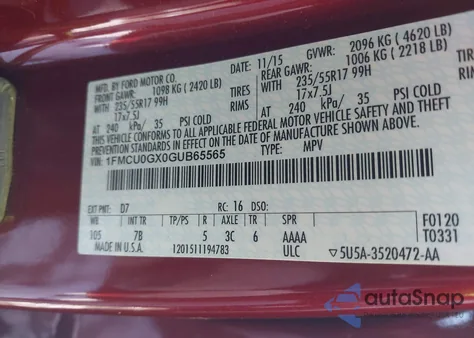 2016 Ford Escape Se from USA, damaged, VIN 1FMCU0GX0GUB65565